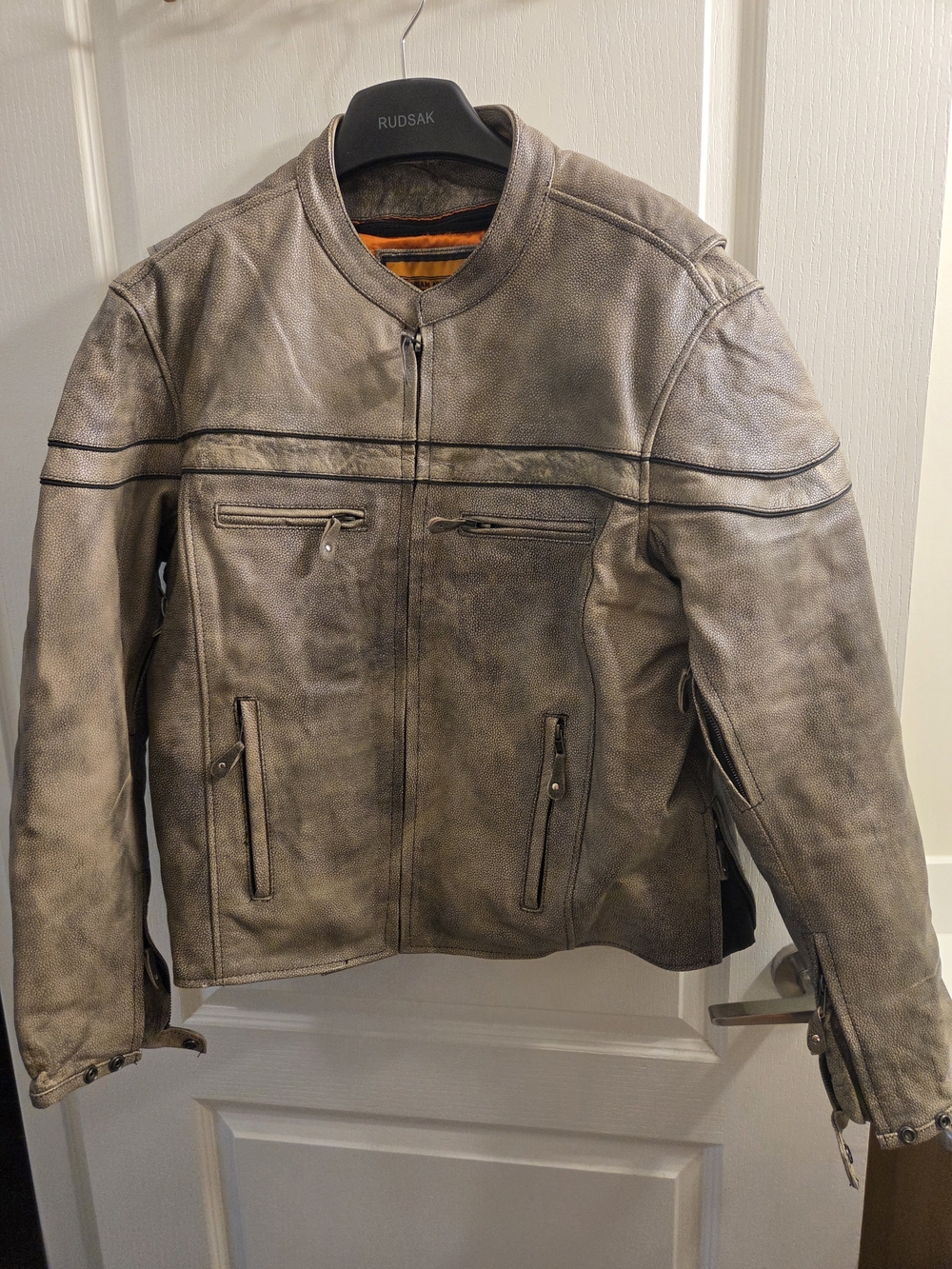 Dream Apparel Men's Taupe Distressed Leather Bomber Jacket with Orange Lining